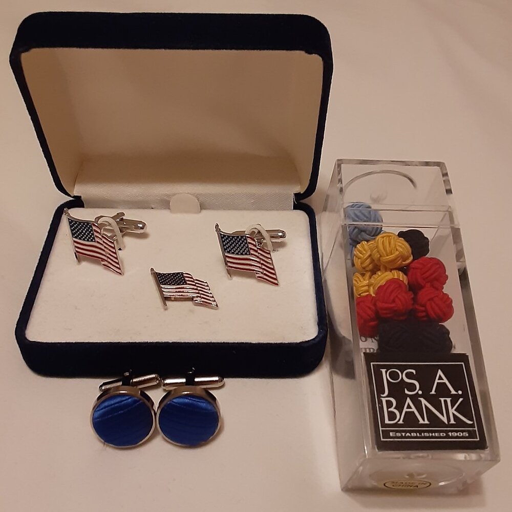 Lot of Cuff Links * American Flag Tie Tack * Blue Satin * Chinese Knot Set of 5